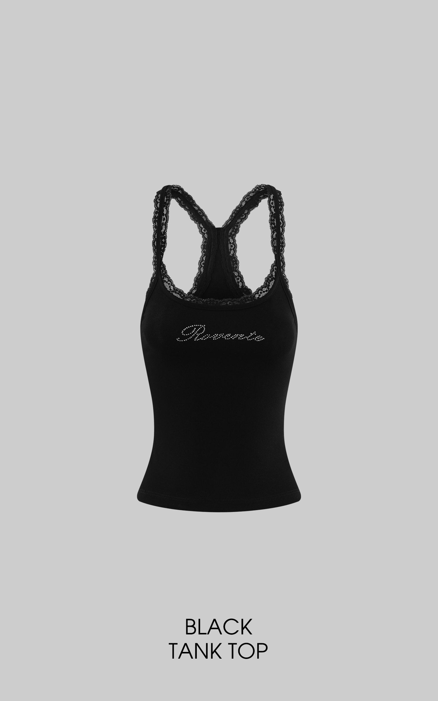 ROVENTE Rhinestone Logo Lace Trim Tank Top