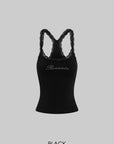 ROVENTE Rhinestone Logo Lace Trim Tank Top