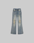 ROVENTE Vintage Washed Distressed Low-Rise Long Flared Jeans