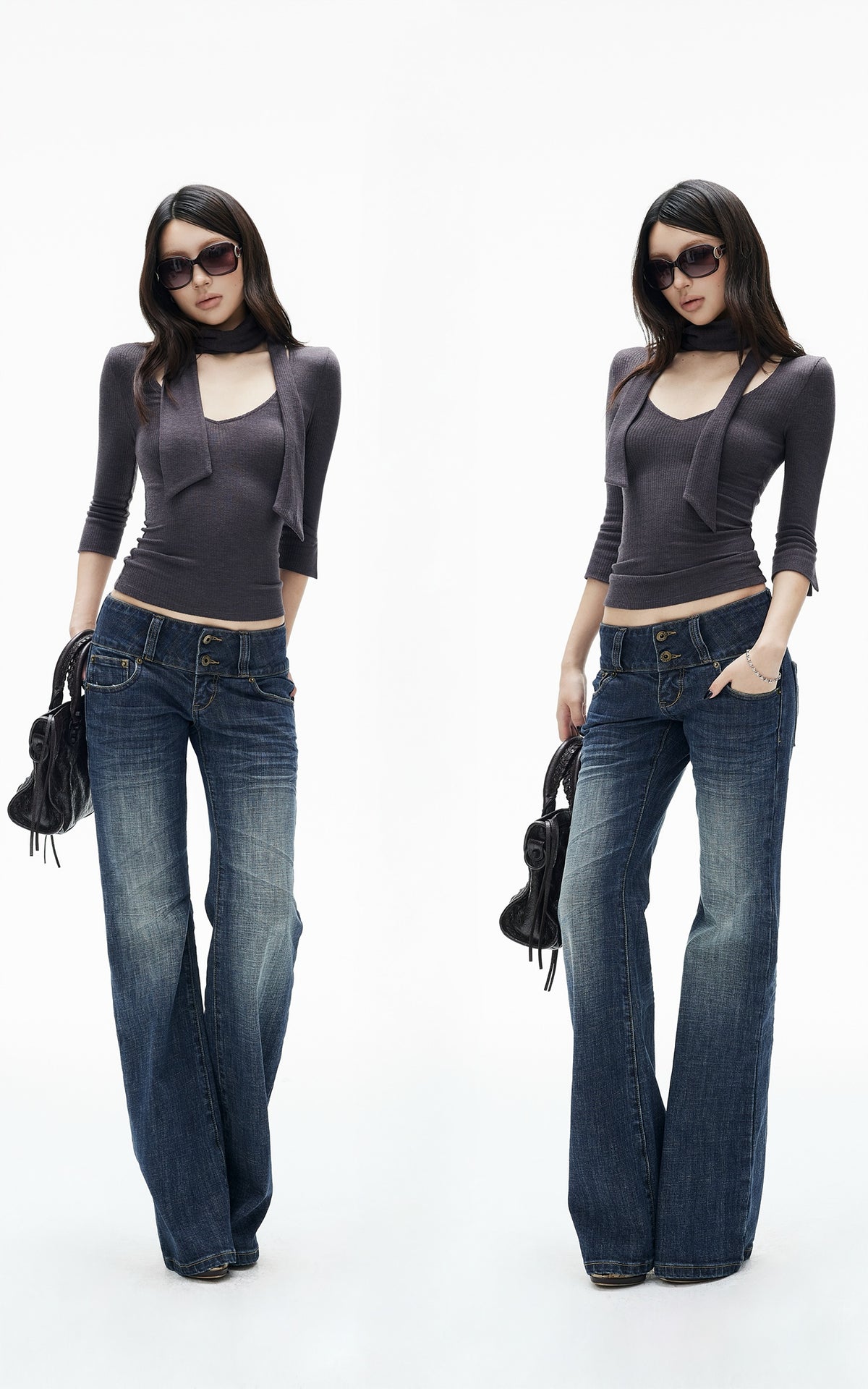 IAMXIAA Scarf-Neck Ribbed Slim-Fit Top with Three-Quarter Sleeves