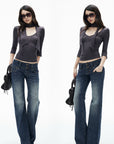 IAMXIAA Scarf-Neck Ribbed Slim-Fit Top with Three-Quarter Sleeves