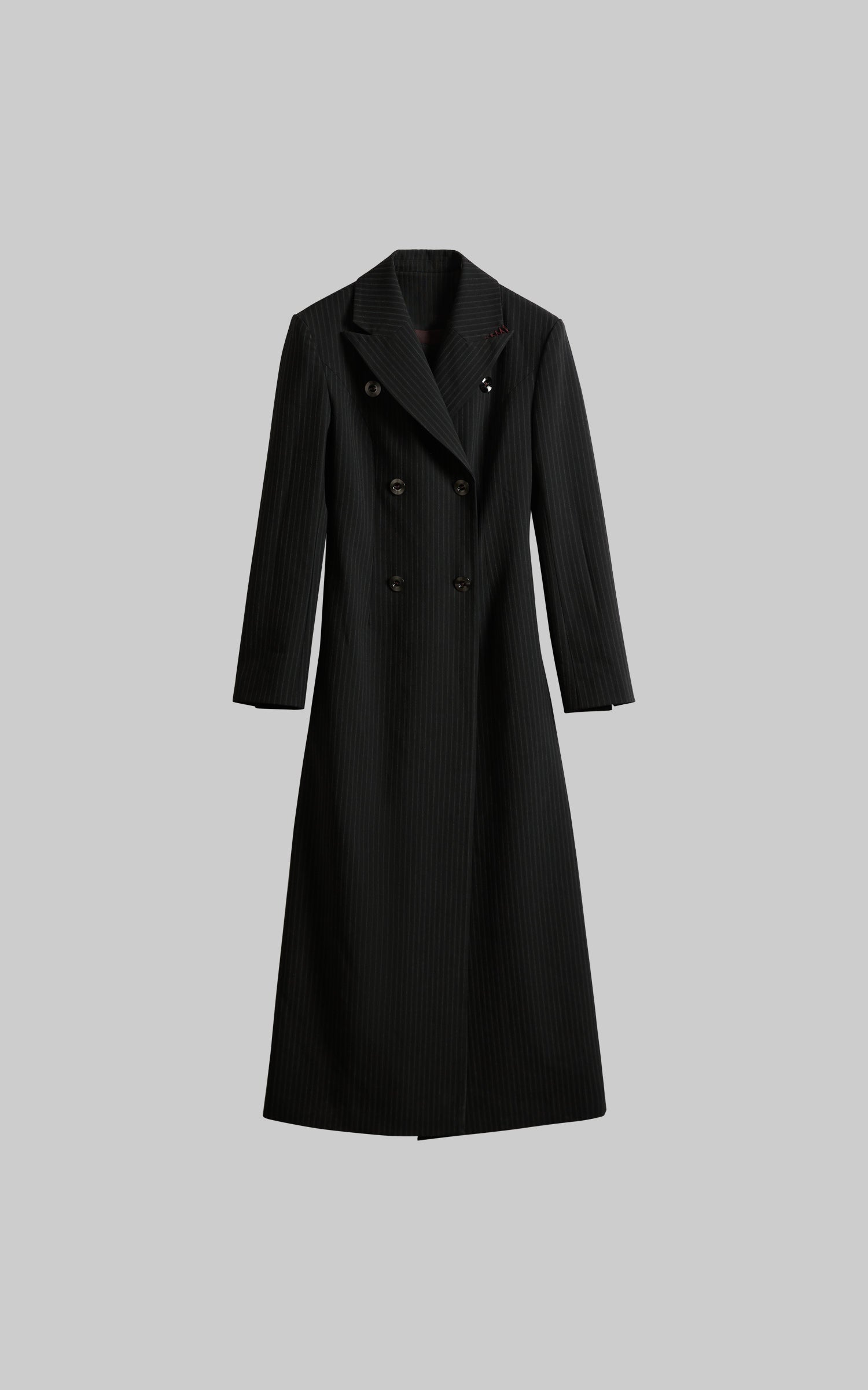 DOINDULGE Double Breasted Long Coat with Pinstripe and Contrast Lining