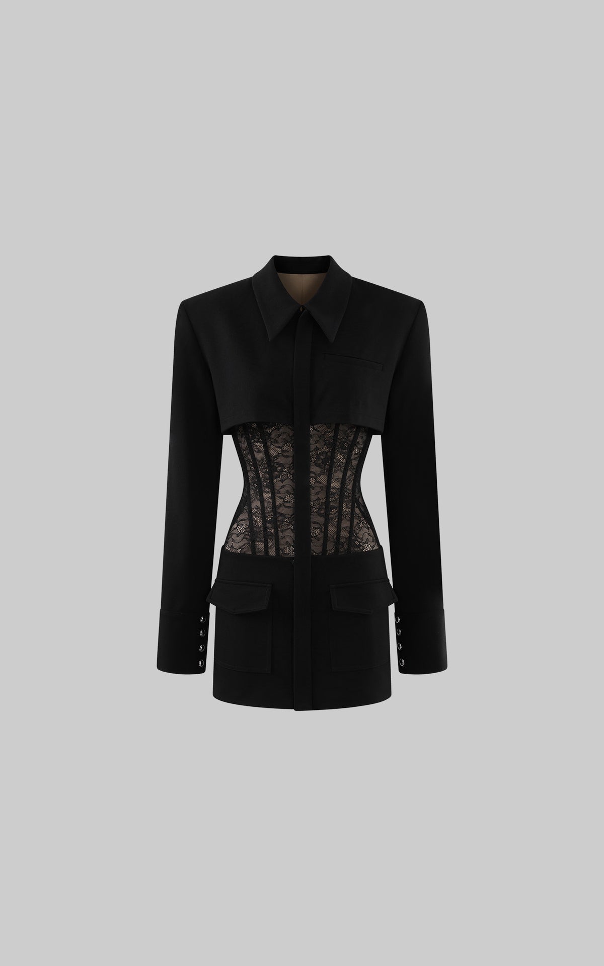ROVENTE Structured Shoulder Lace Corset Mini Dress with Pointed Collar &amp; Flap Pockets