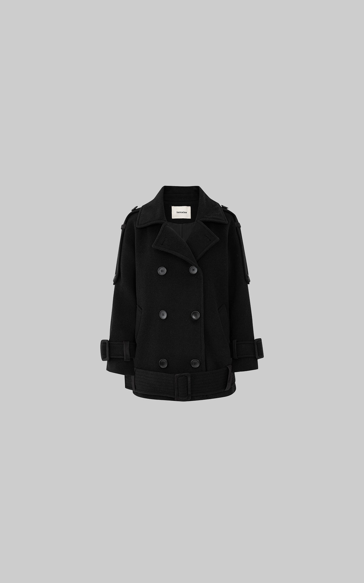 IAMXIAA Black Double-Breasted Belted Military Peacoat