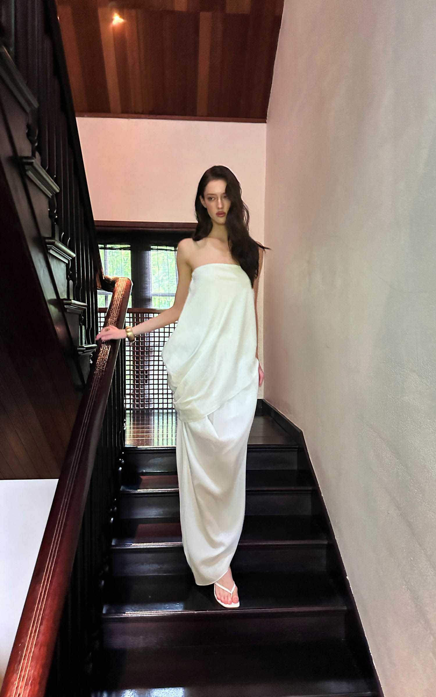 0122stepll Draped Strapless Top &amp; Ruched Maxi Skirt Set
