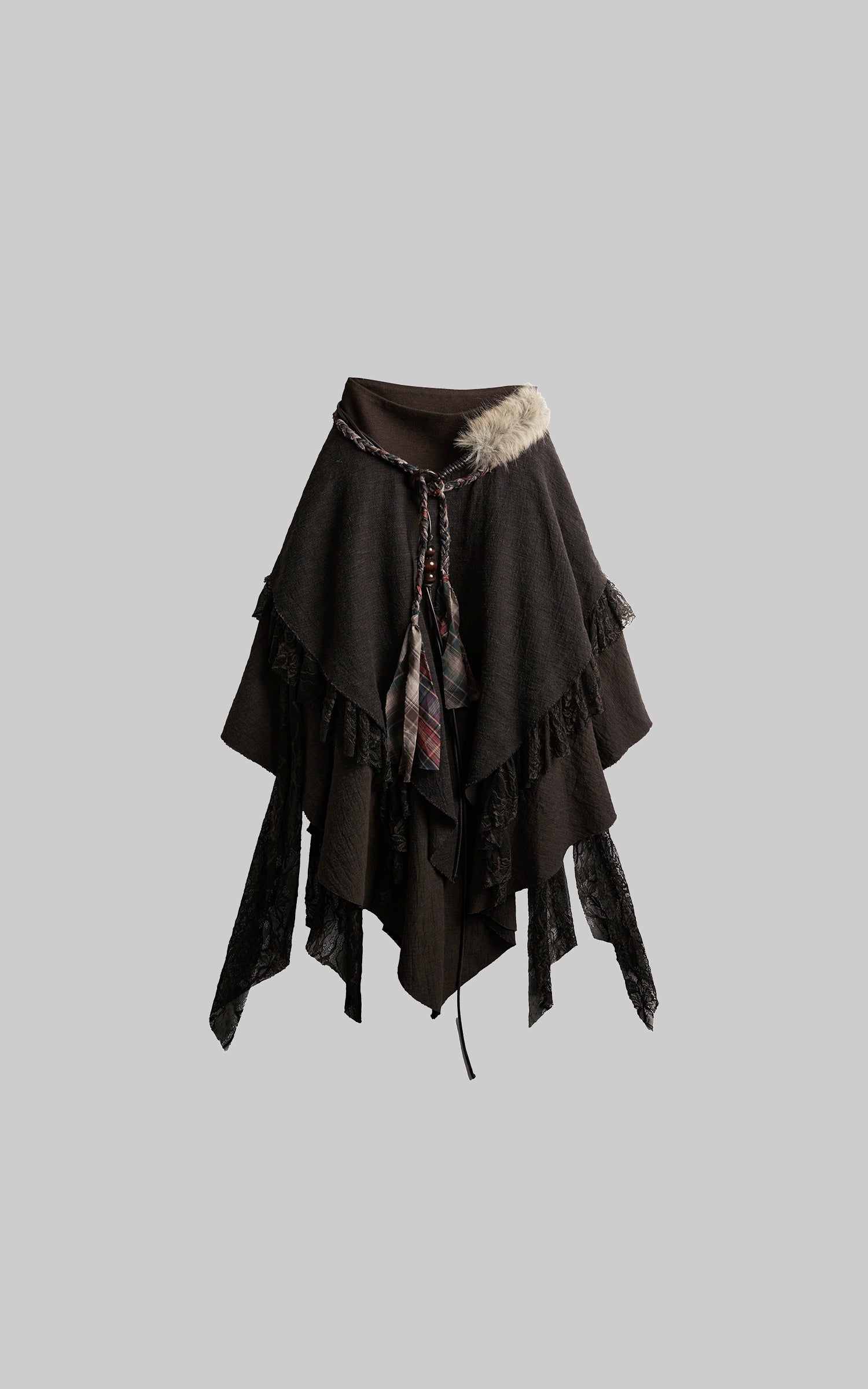 DOINDULGE Layered Asymmetric Skirt with Braided Belt and Fur Accent