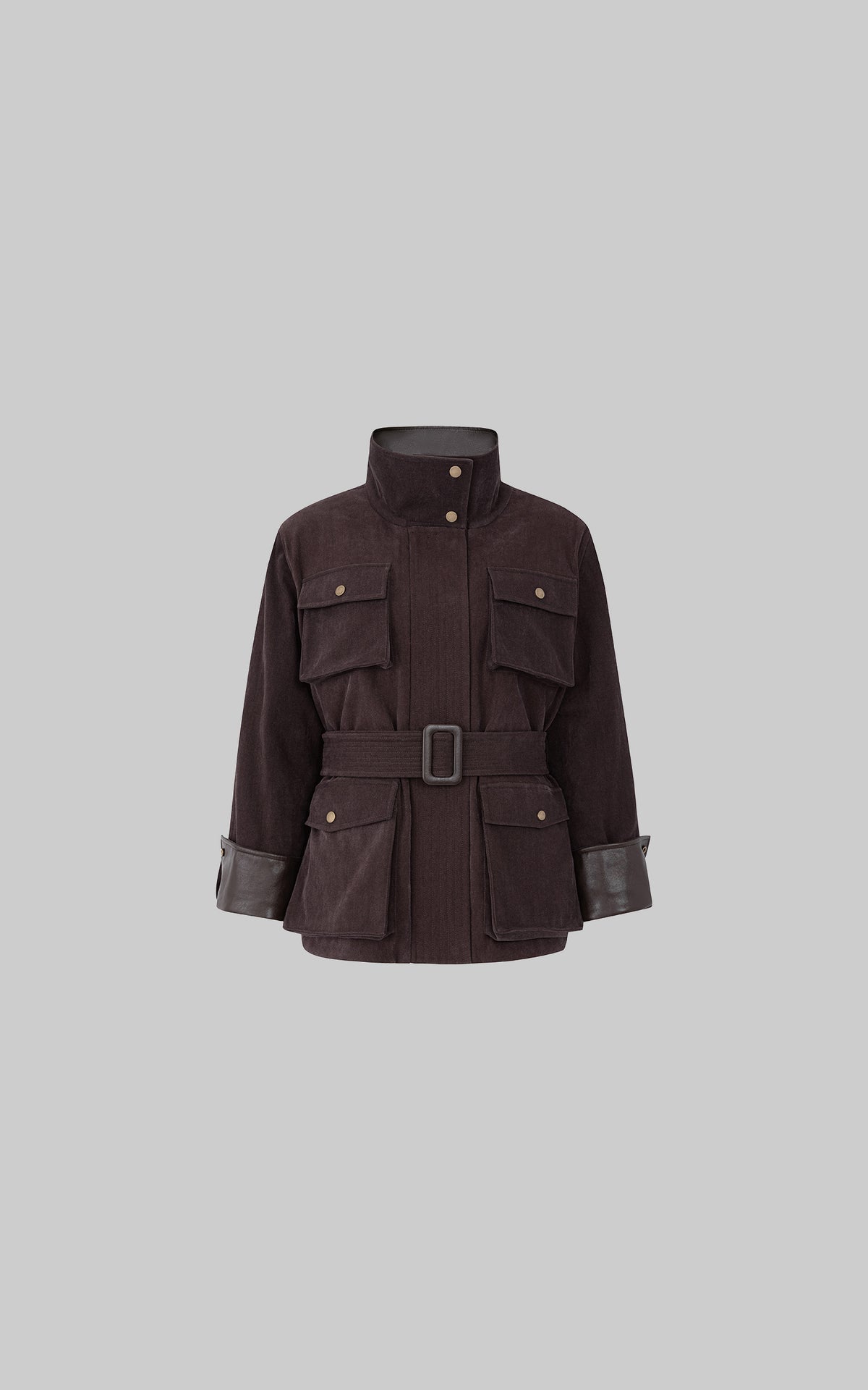 IAMXIAA Belted Utility Jacket with Stand Collar and Multi-Pocket Details