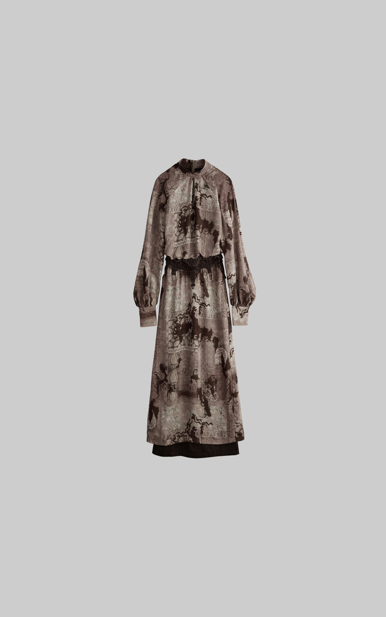 DOINDULGE Distressed Archive Print High Neck Long Sleeve Dress with Lace Waist Structure
