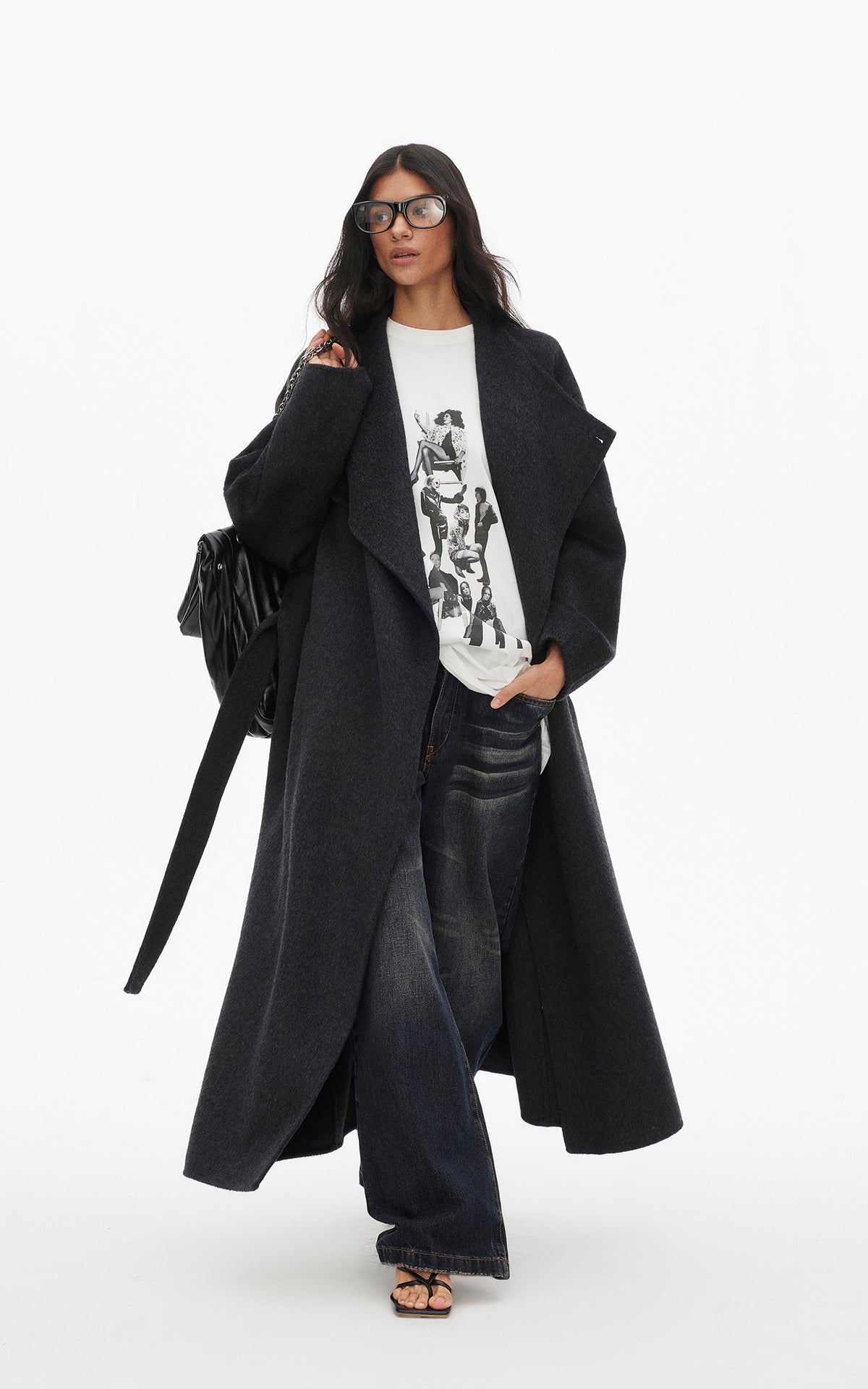0122stepll Manteau long ample ceinturé à nouer