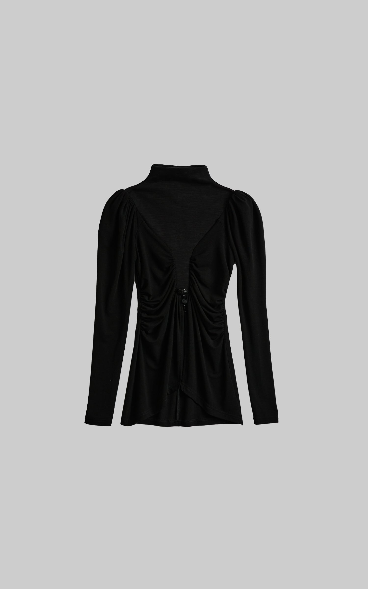 DOINDULGE High Neck Ruched Long Sleeve Top with Draped Front Detail