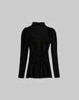 DOINDULGE High Neck Ruched Long Sleeve Top with Draped Front Detail