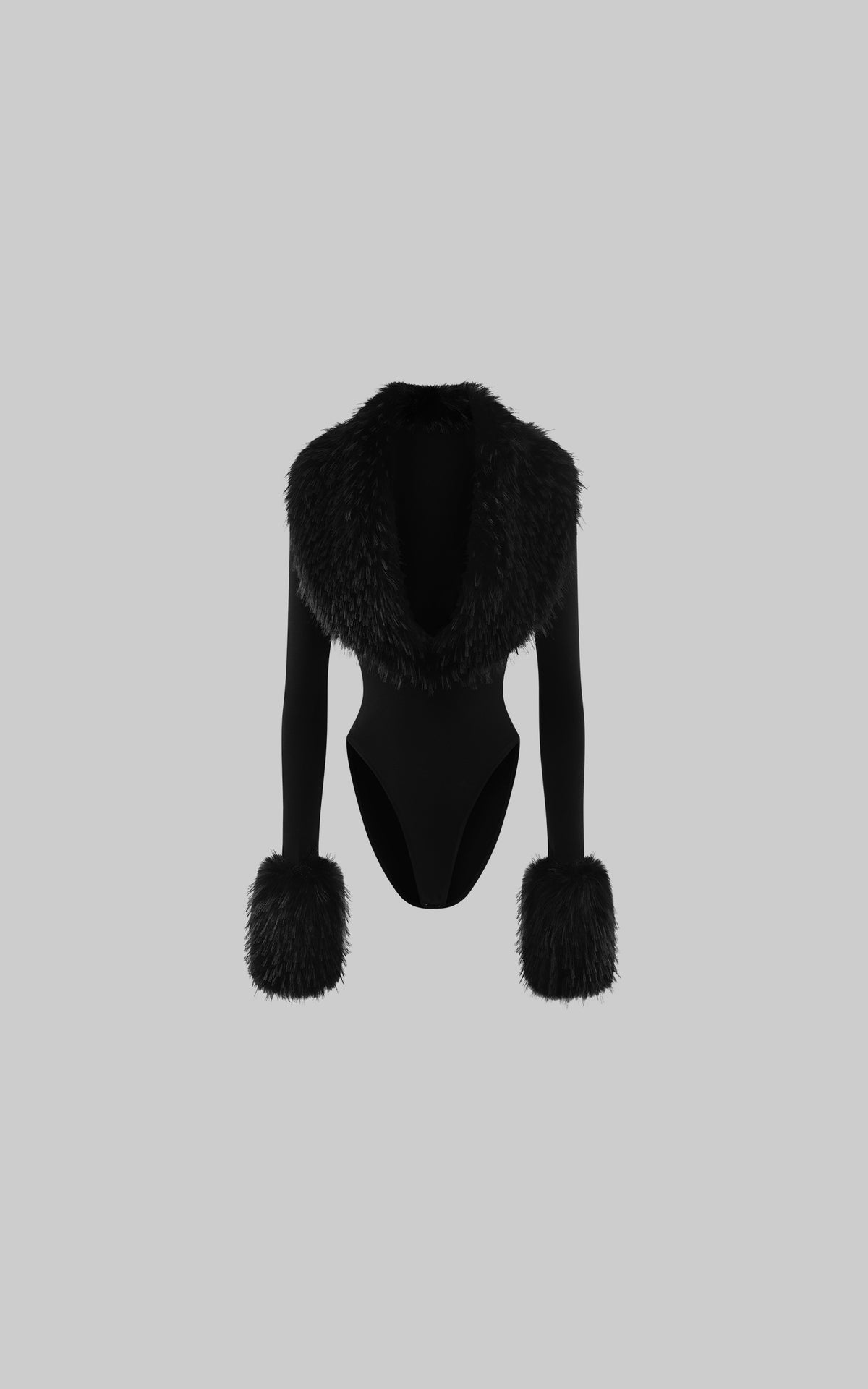 0122stepll Faux Fur Collar Plunge Bodysuit