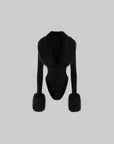 0122stepll Faux Fur Collar Plunge Bodysuit