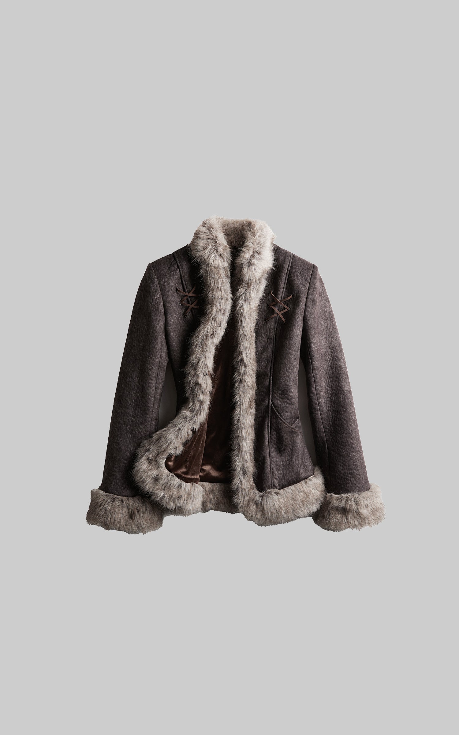 DOINDULGE Faux Fur-Trim Textured Jacket with Cross-Lace Details