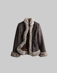 DOINDULGE Faux Fur-Trim Textured Jacket with Cross-Lace Details
