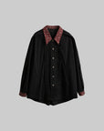 DOINDULGE Oversized Black Shirt with Contrast Collar and Pleated Front