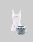 WARDEN EDGE Cherry Sundae Graphic Tee, Ruched Tank Top & Foldover Denim Micro Shorts Set