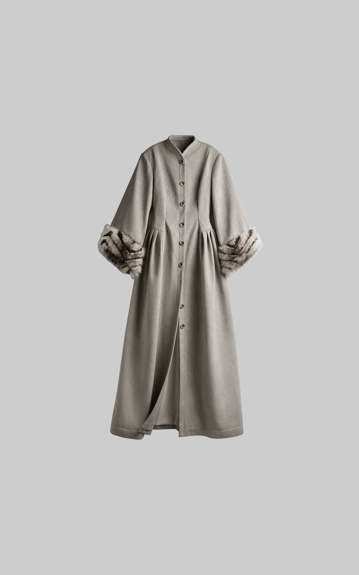 DOINDULGE Sculptural Long Coat with Faux-Fur Cuffs