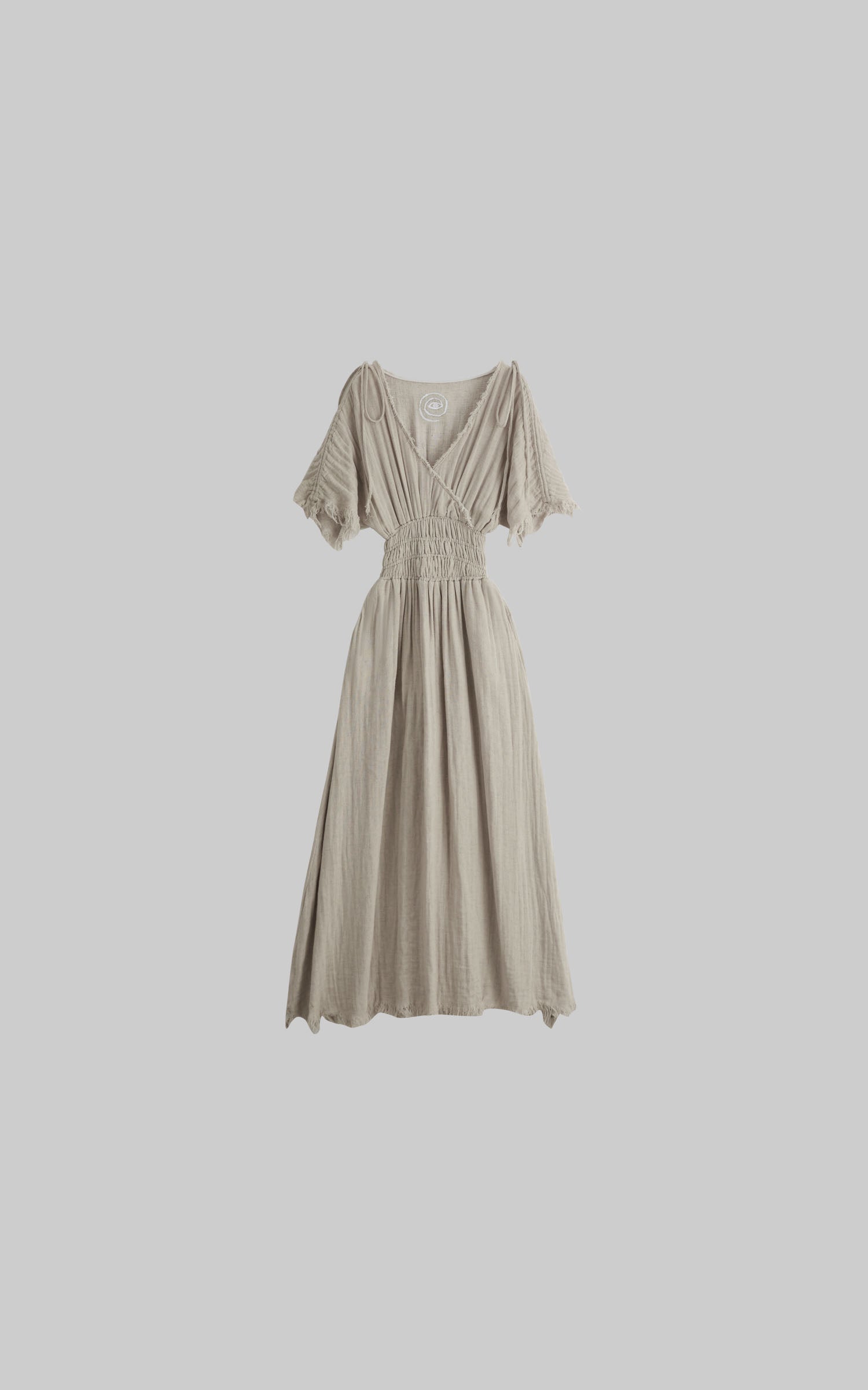 DOINDULGE Ruined Gauze Draped Maxi Dress Raw Edge Smocked Waist Ritual Dress