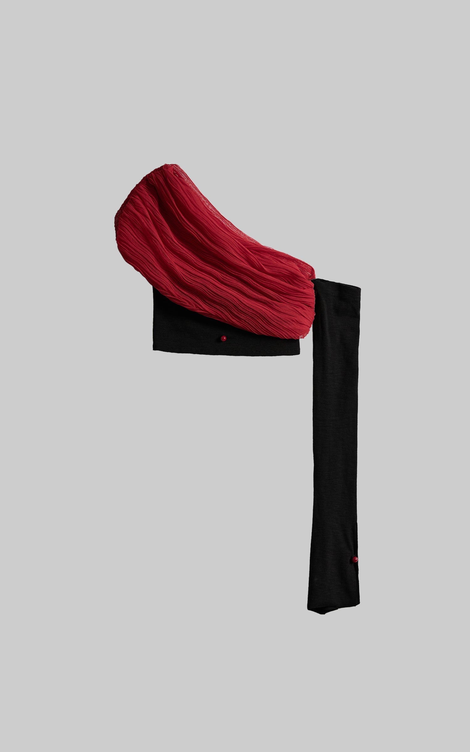DOINDULGE Asymmetric Drape Top — Sculptural Red Pleats with Black Knit Base