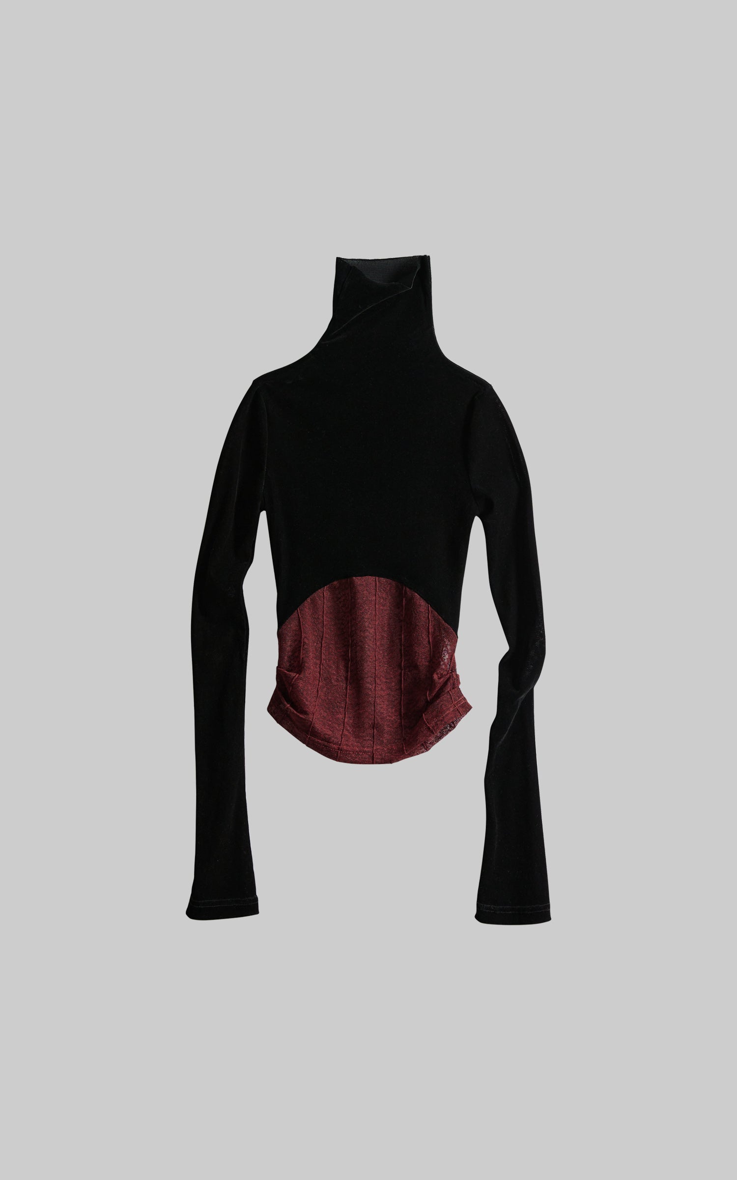DOINDULGE Sheer Velvet Long Sleeve Top with Contrast Red Panel