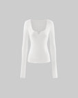 0122stepll Sculpted Scoop Neck Notch Long Sleeve Fitted Top