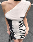 0122stepll Robe courte asymétrique à imprimé pinceau