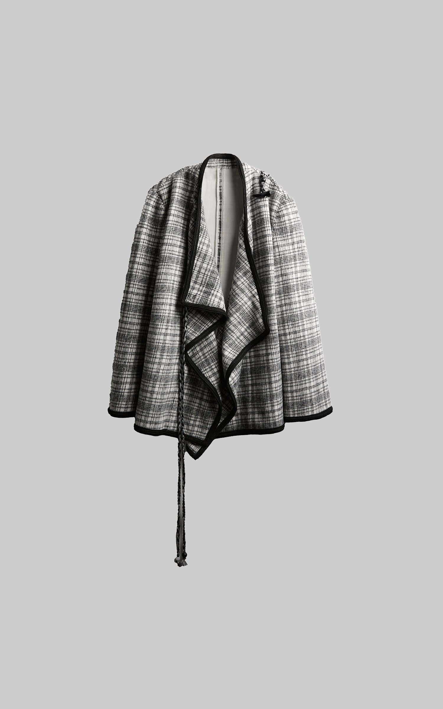 DOINDULGE Structured Fleece-Lined Plaid Jacket with Asymmetric Drape and Braided Closure