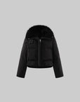 Veste matelassée courte noire avec col en fausse fourrure
