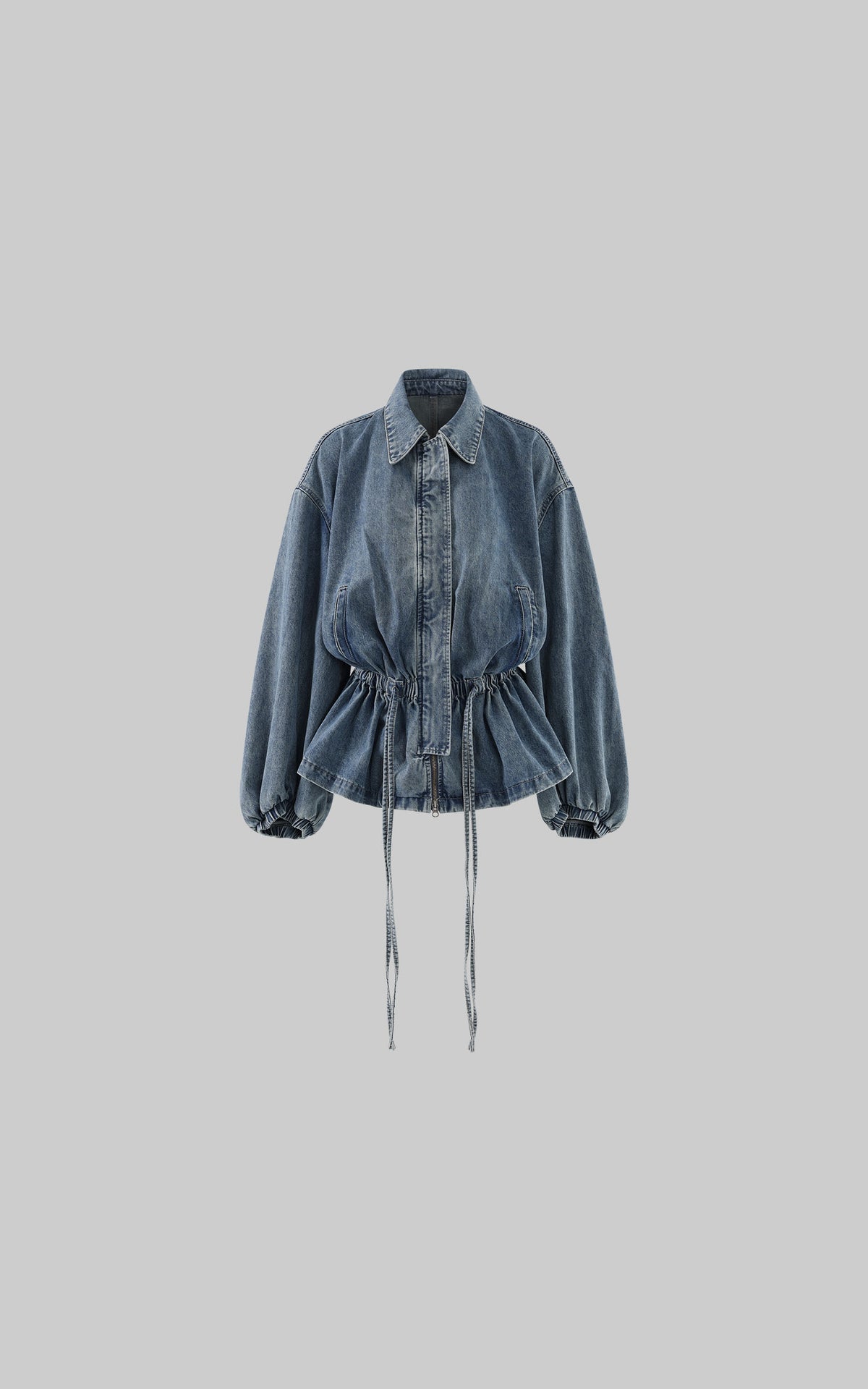 WARDEN EDGE Washed Denim Balloon-Sleeve Peplum Jacket