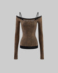 ROVENTE Leopard Print Off Shoulder Long Sleeve Top with Lace Trim and Slim Fit Silhouette