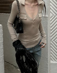 Rase le sol Lace-Trimmed Deep V-Neck Fitted Long Sleeve Top