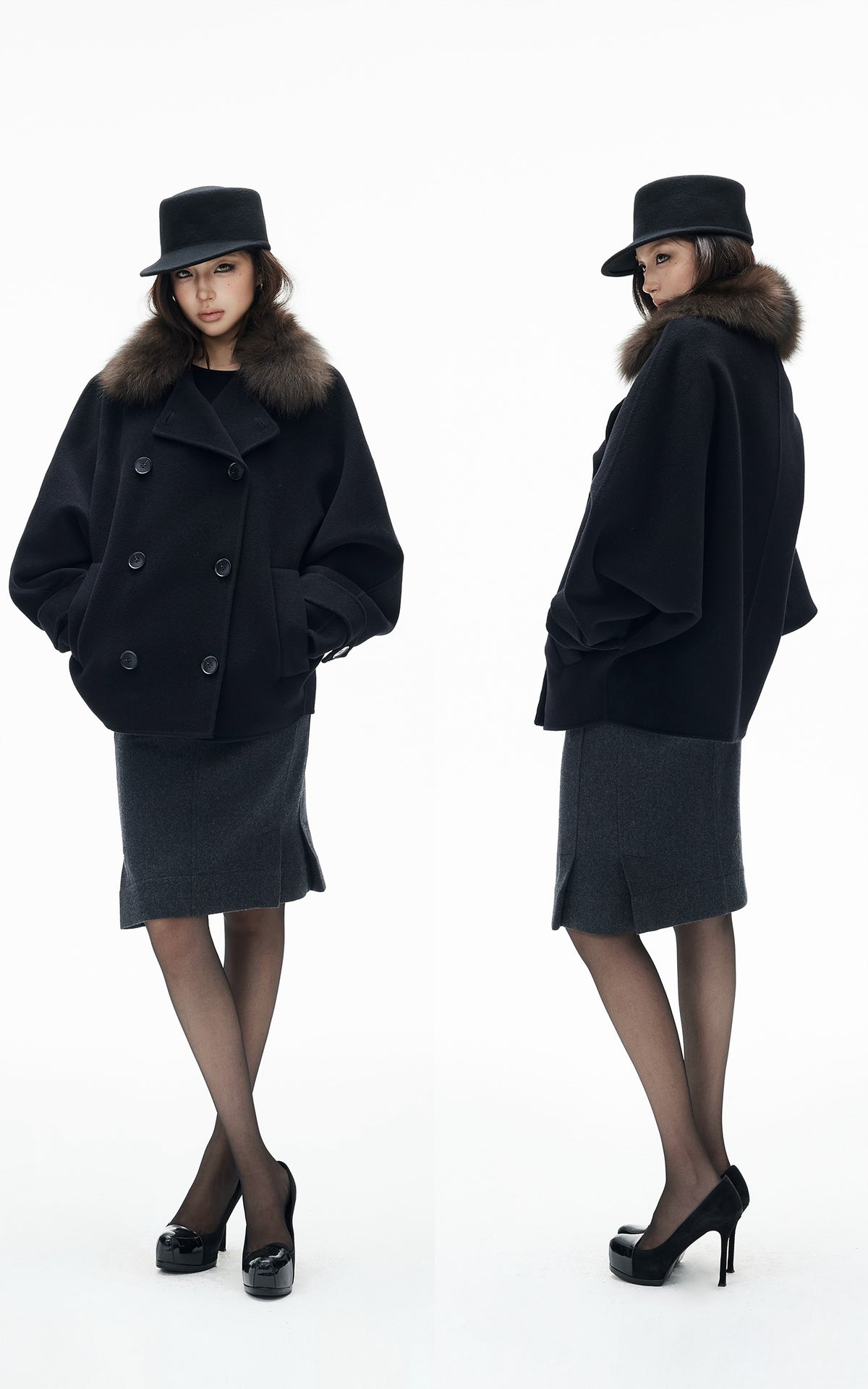 IAMXIAA Vintage-Inspired Charcoal Grey Tailored Knee-Length Pencil Skirt with Side Slit