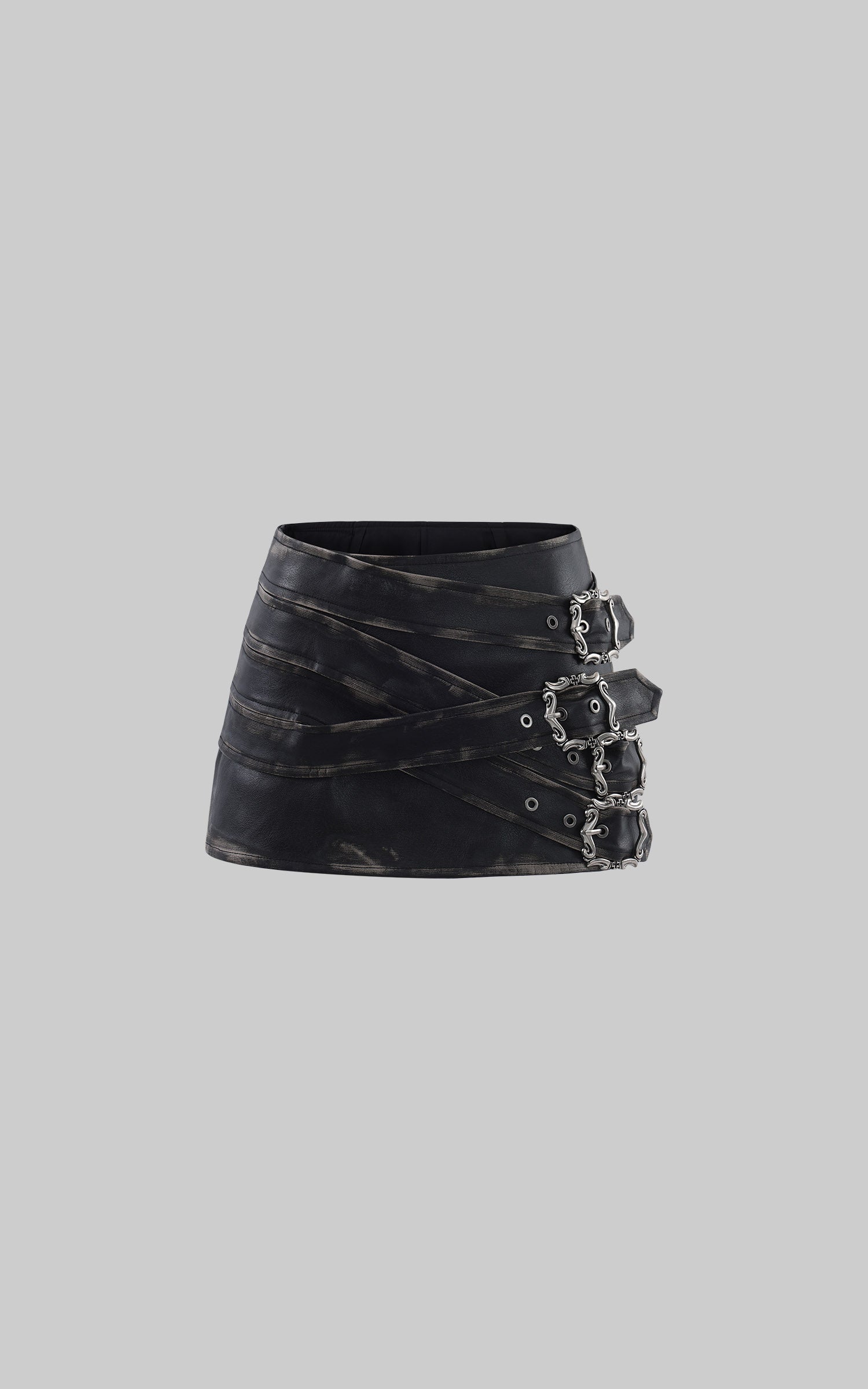 Rase le sol Distressed Faux Leather Buckle-Wrap Micro Skirt