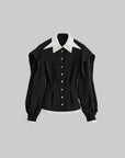 DOINDULGE Contrast Collar Puff Sleeve Blouse