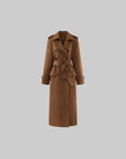 ROVENTE Suede-Look Double-Breasted Belted Longline Trench Coat