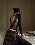 Hydrae Lace-Up Open-Back Top & Asymmetric Plaid Skirt Set