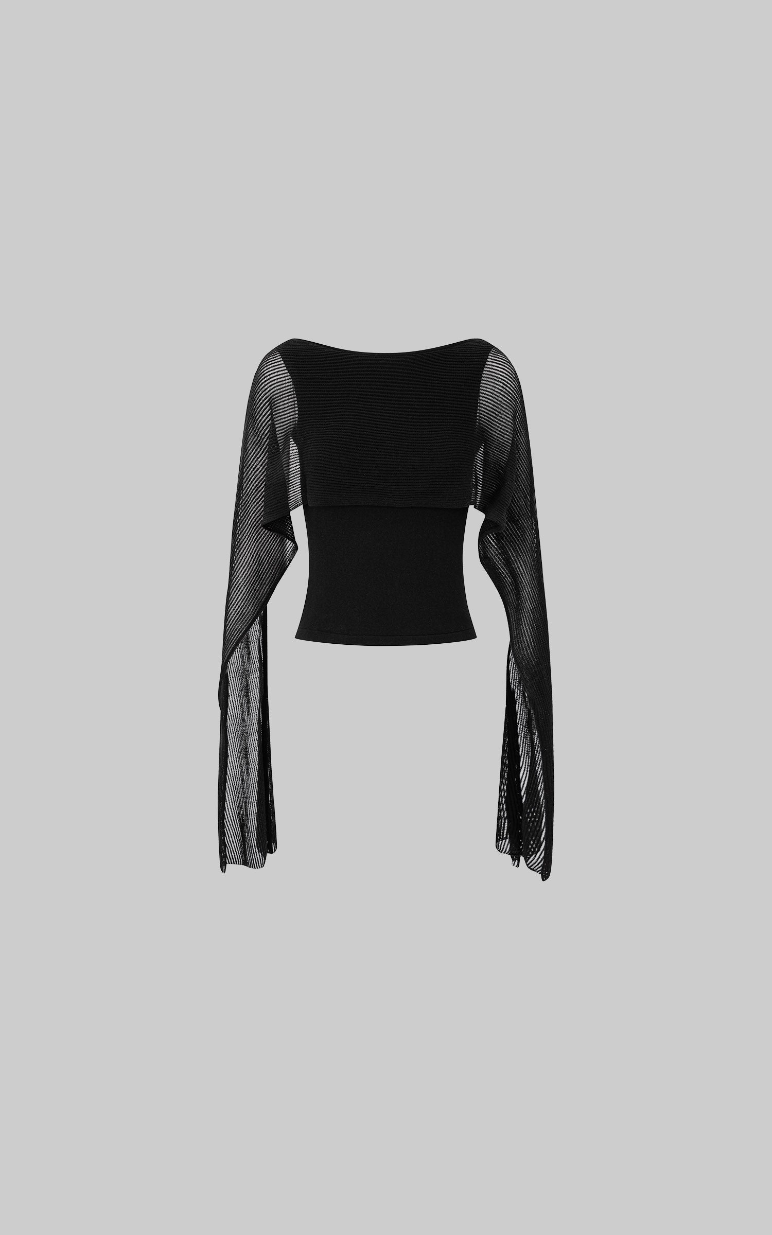 IAMXIAA Sheer Ribbed Knit Cape Sleeve Open Back Cropped Top