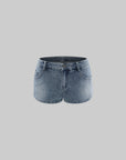 Rase le sol Denim Shorts with Draped Graphic Hem Extender