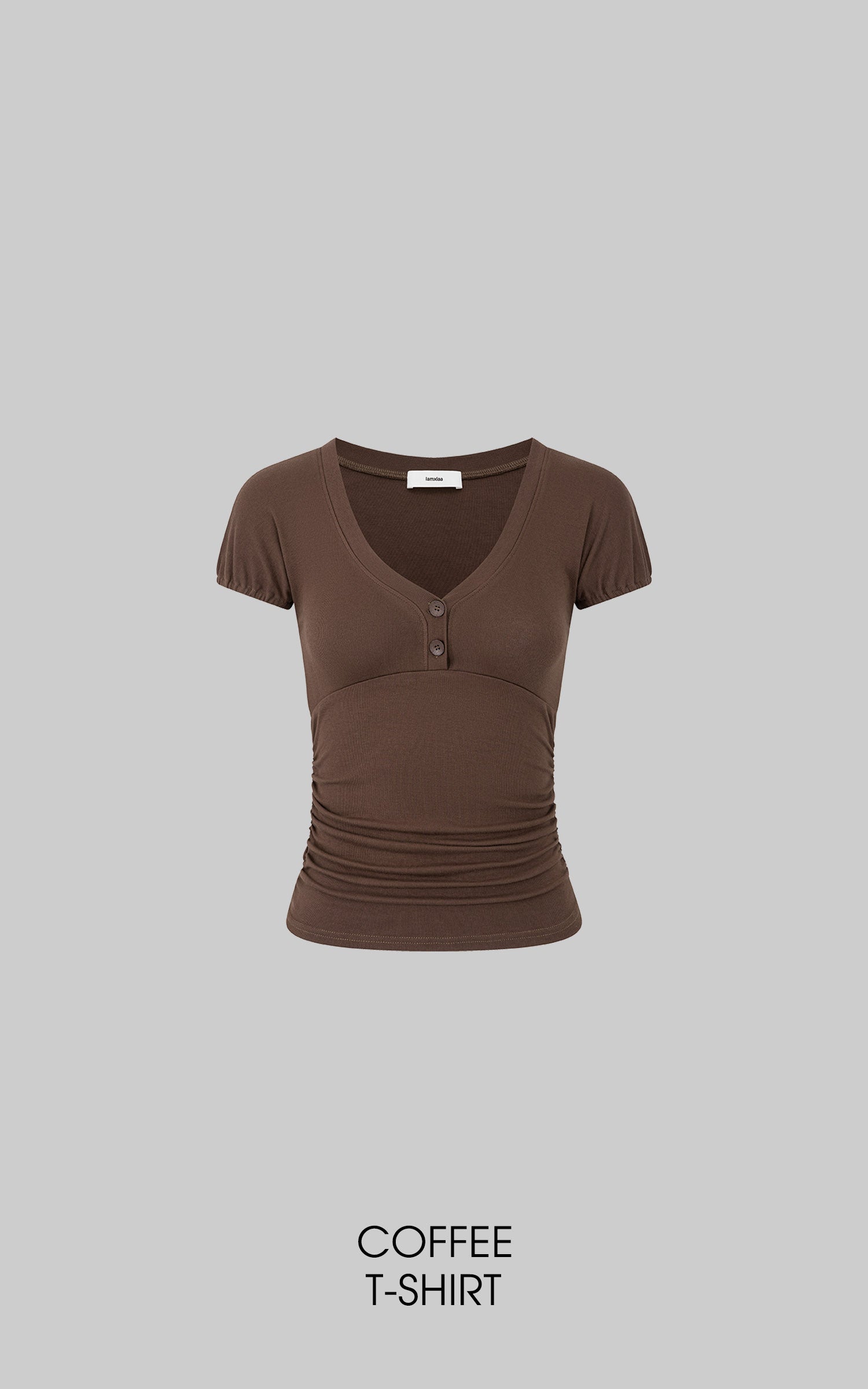 IAMXIAA Ruched V-Neck Button Front Slim Fit Short Sleeve Stretch Tee