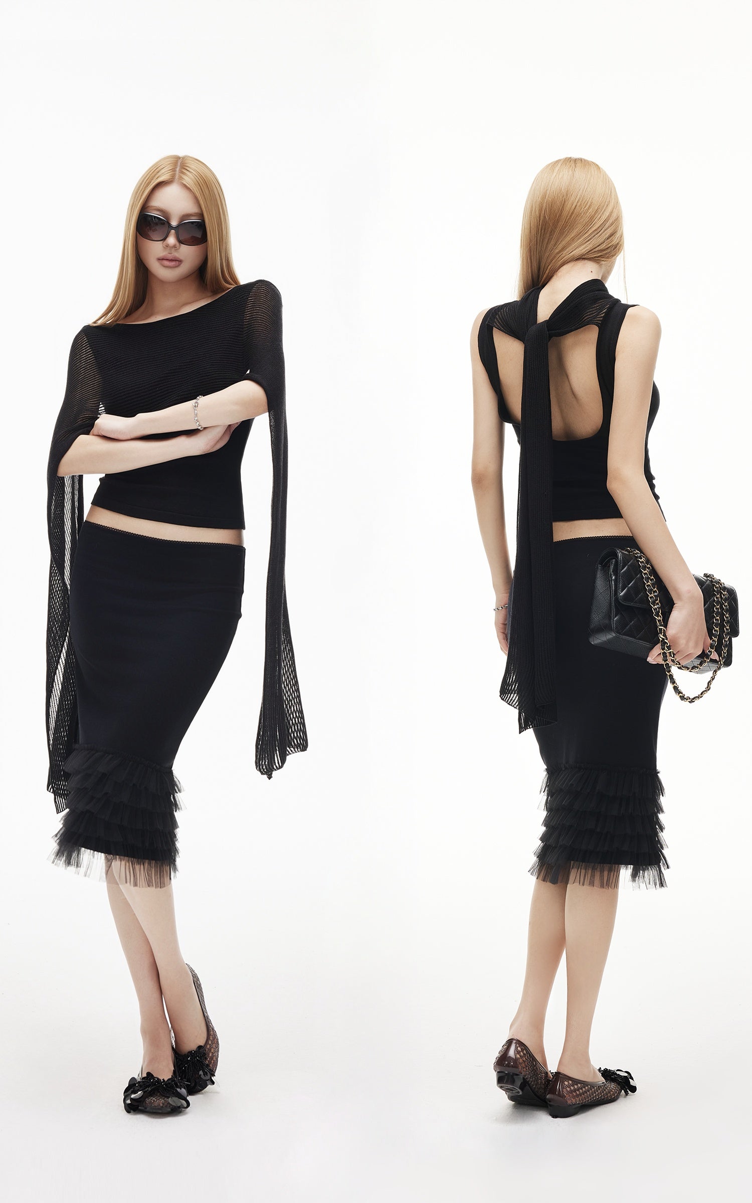 IAMXIAA Layered Tulle Ruffle Hem Low Rise Bodycon Midi Skirt
