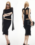 IAMXIAA Layered Tulle Ruffle Hem Low Rise Bodycon Midi Skirt