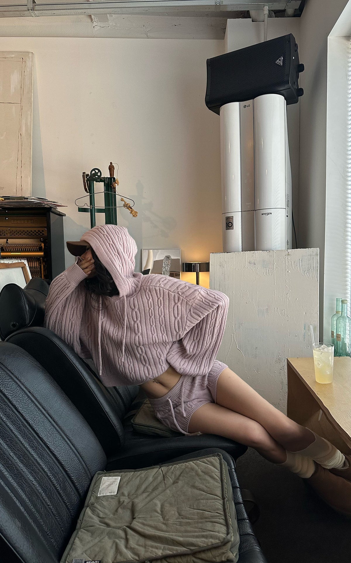 WARDEN EDGE Dusty Pink Cable Knit Hooded Sweater and Shorts Set