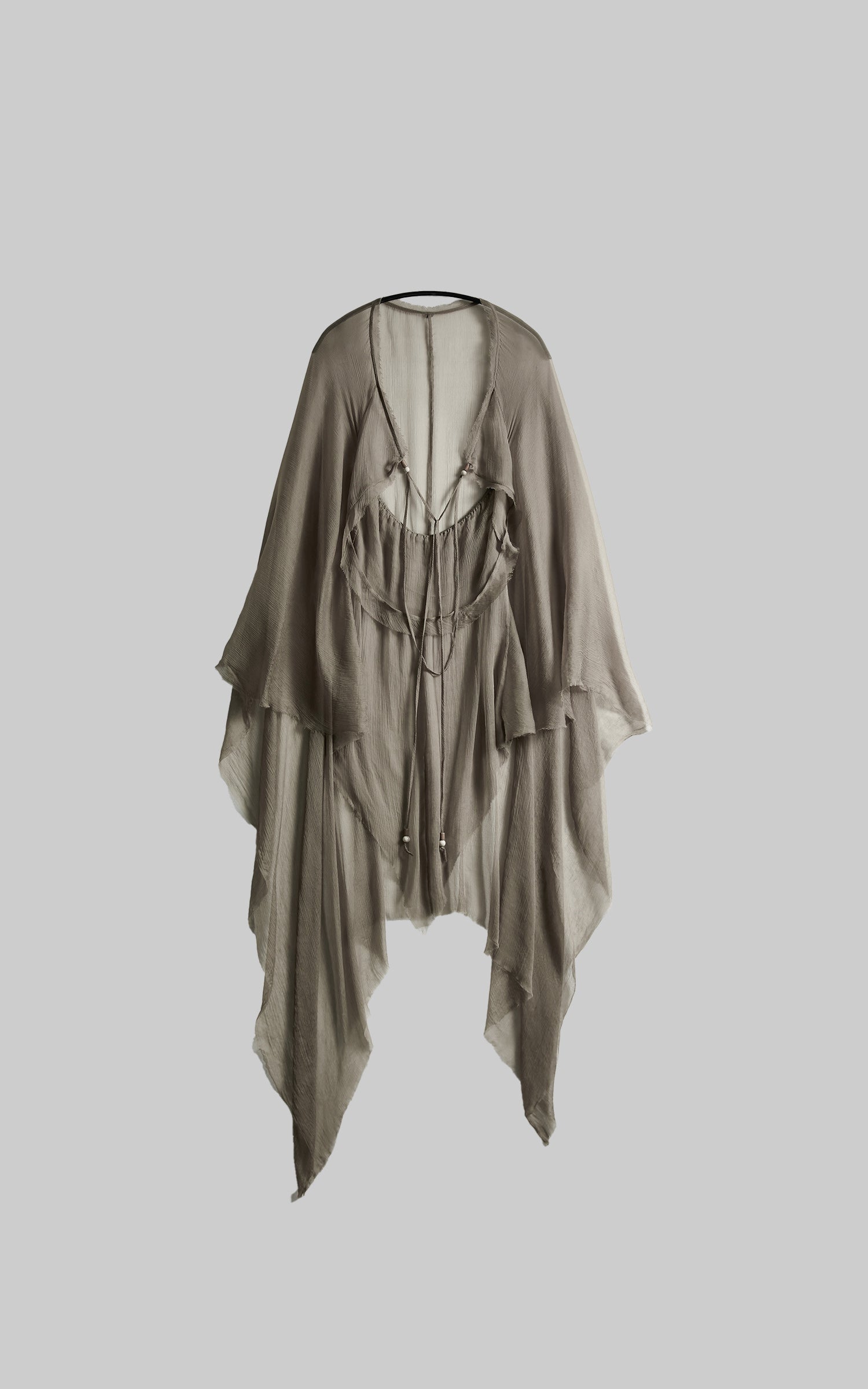 DOINDULGE Sheer Drape Long Cardigan with Bead Tie Detail