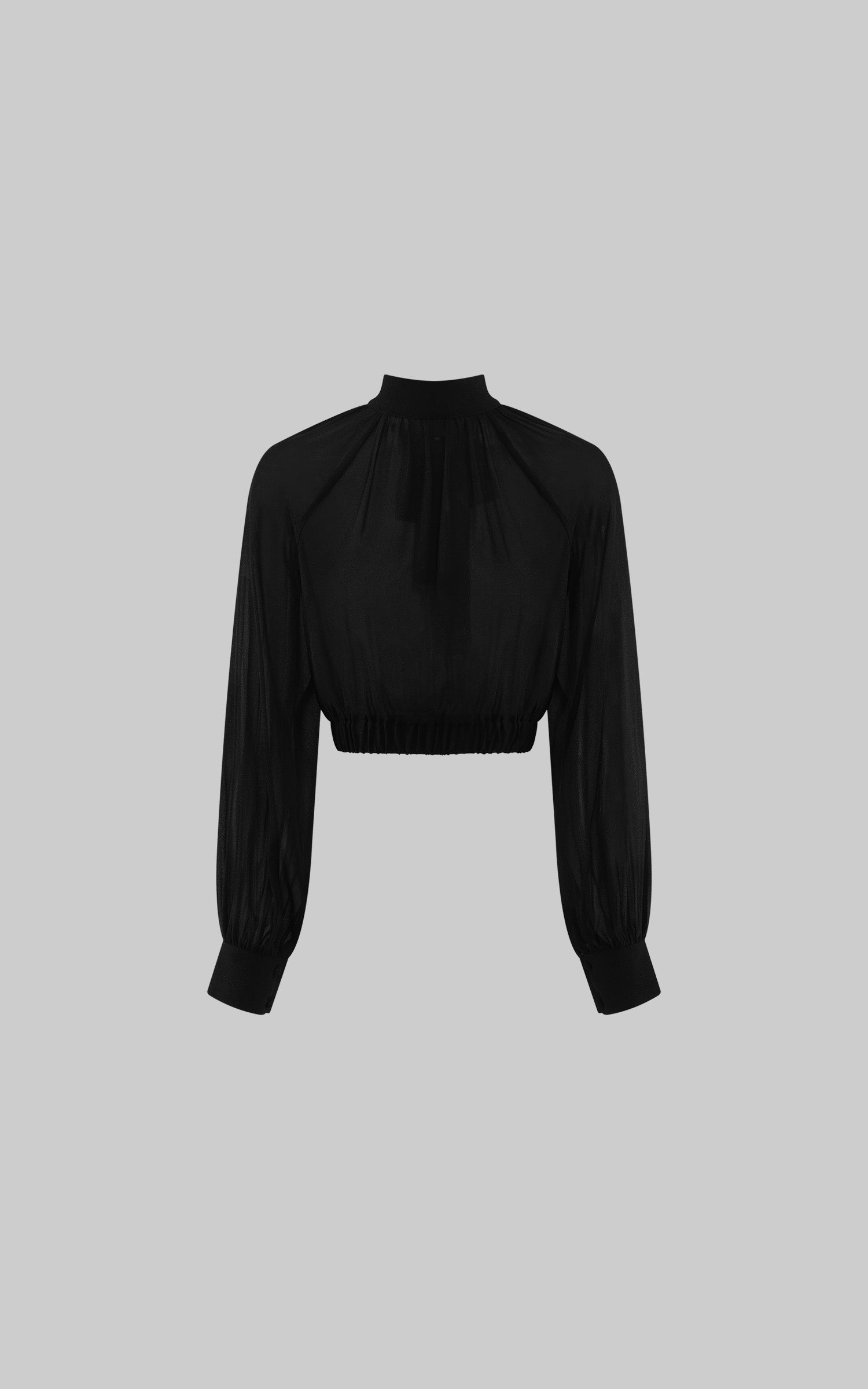 Hydrae Sheer Glitter High-Neck Draped Balloon-Sleeve Cropped Blouse