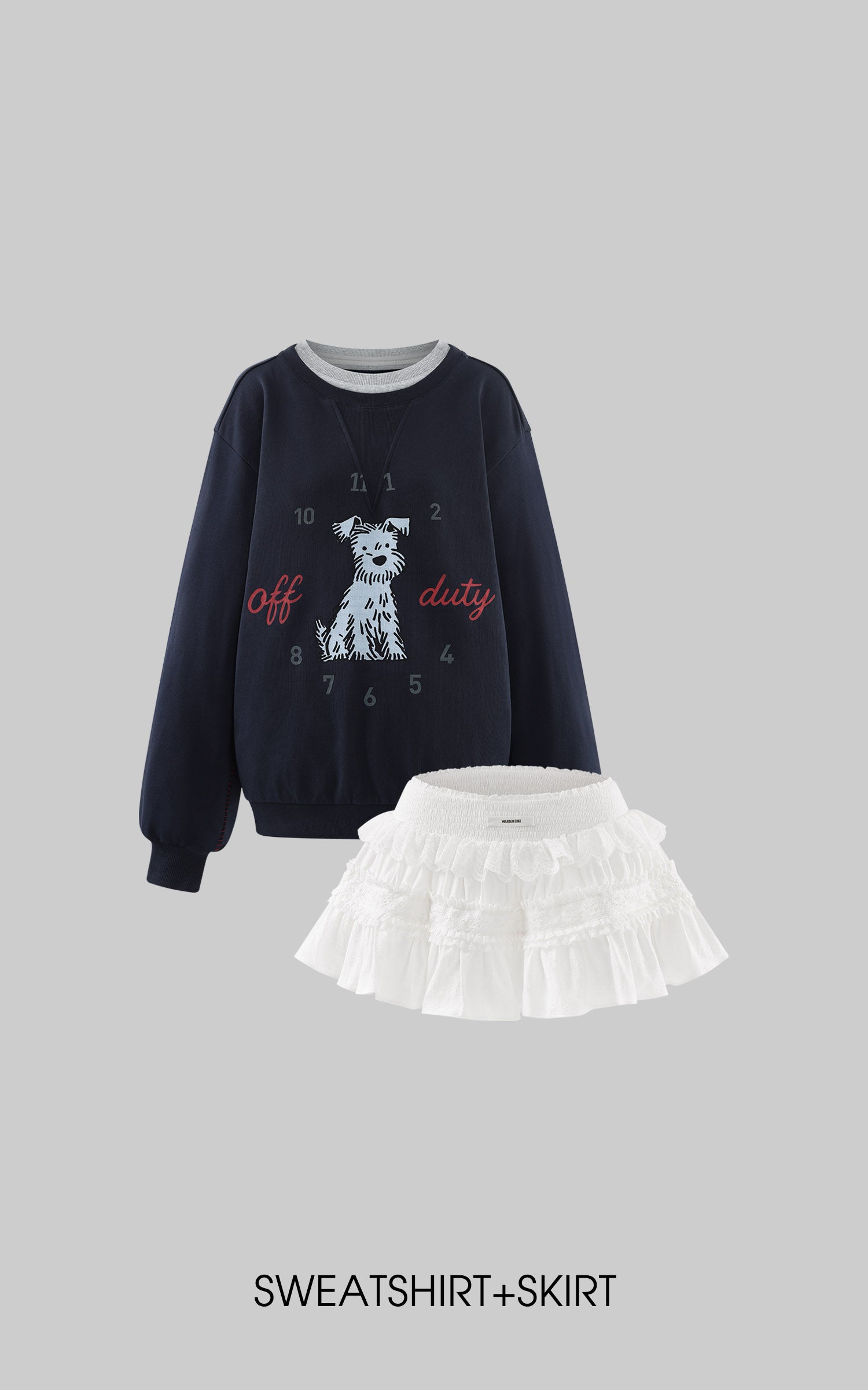 WARDEN EDGE Off Duty Graphic Sweatshirt &amp; Lace Ruffle Mini Skirt Set