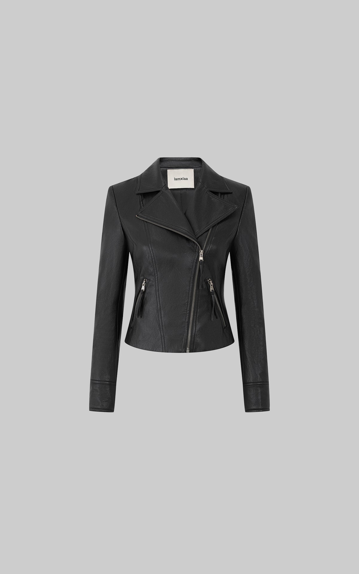 IAMXIAA Veste en cuir moto noire sculptée