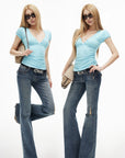 IAMXIAA Ruched V-Neck Button Front Slim Fit Short Sleeve Stretch Tee
