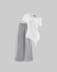 WARDEN EDGE Haut drapé asymétrique à épaules dénudées & Ensemble pantalon rayé