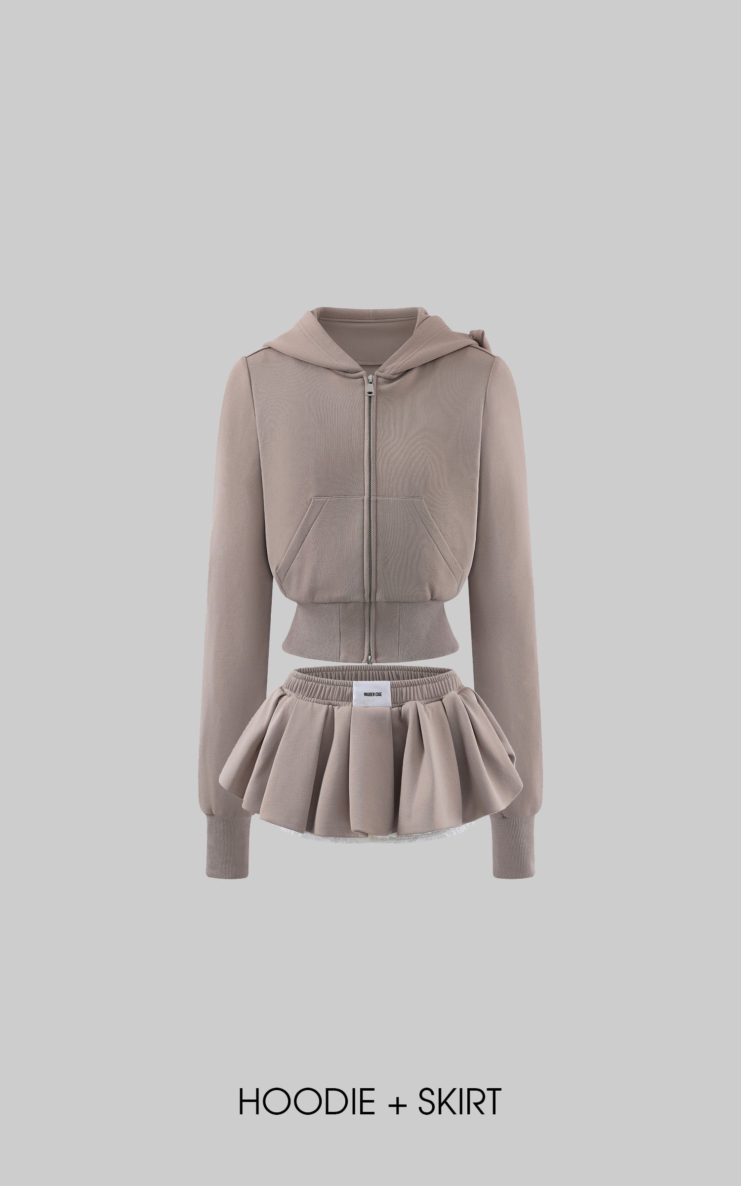 WARDEN EDGE Bow Hood Cropped Zip Hoodie & Pleated Mini Skirt Set